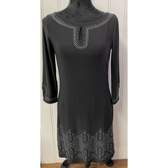 White House Black Market Dresses & Skirts - White House Black Market Black Blue‎ Silver Rhinestones Keyhole Neck Size XS